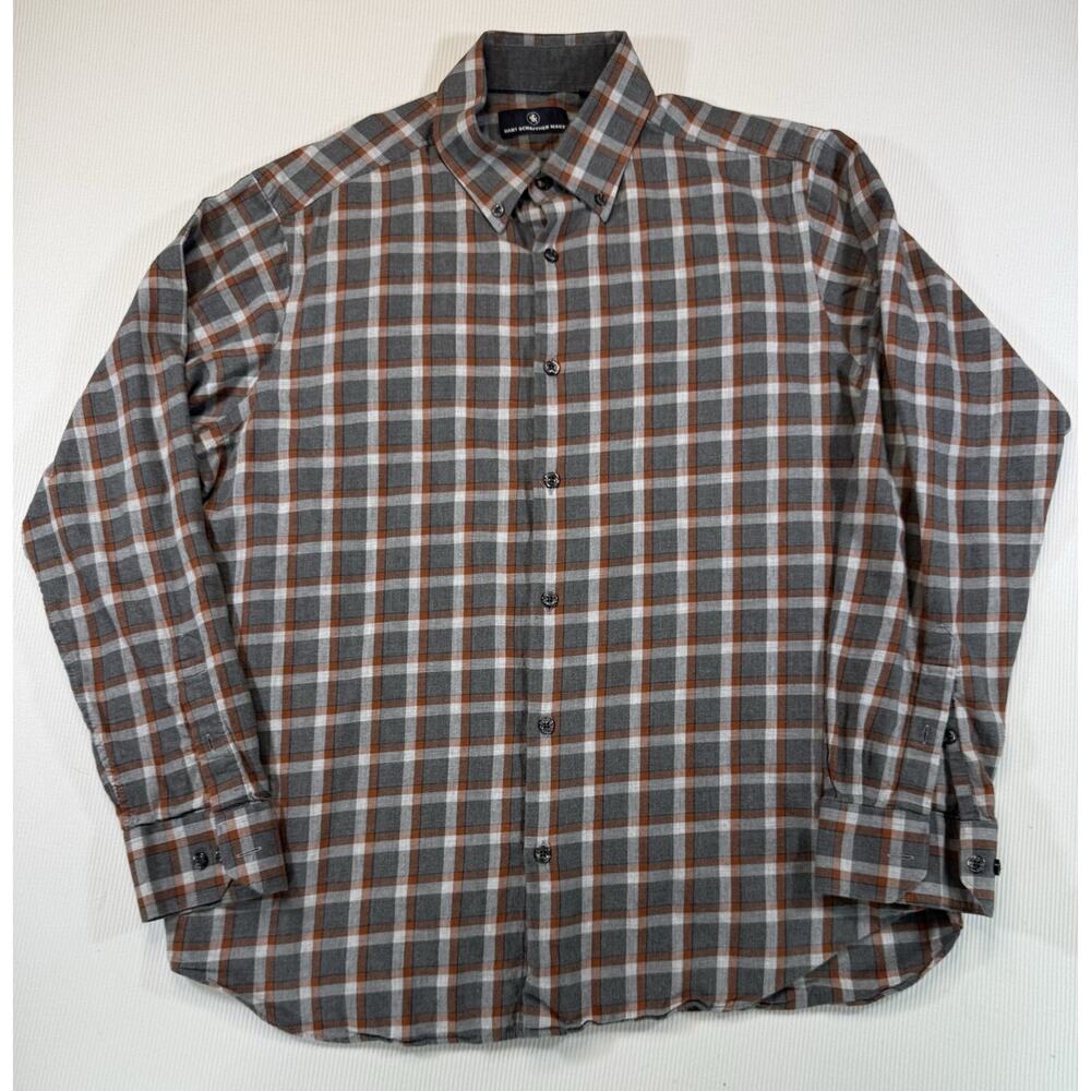 Hart Schaffner Marx Mens Plaid Button Down Shirt Cotton Gray Orange Large